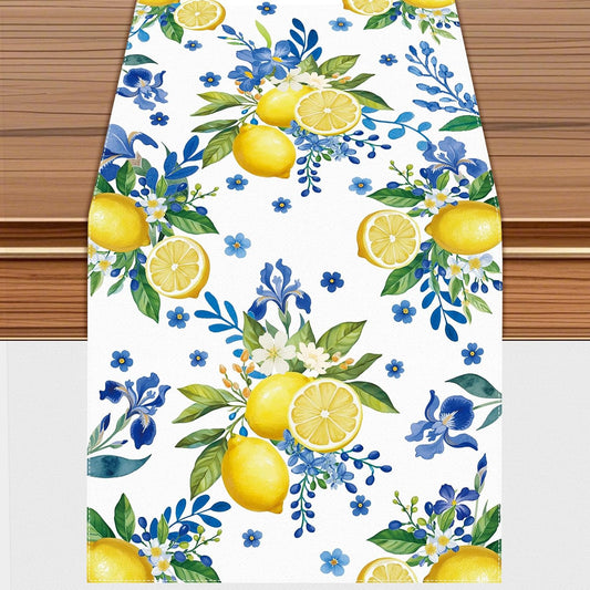 Lemon and Blue Floral Table Runner, 72 x 13 inches, White | Linen Texture Fabric, Easy Care Machine Washable, Fade Resistant Colors, Perfect for Spring Summer Dining Decor