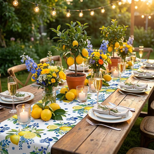 Lemon and Blue Floral Table Runner, 72 x 13 inches, White | Linen Texture Fabric, Easy Care Machine Washable, Fade Resistant Colors, Perfect for Spring Summer Dining Decor