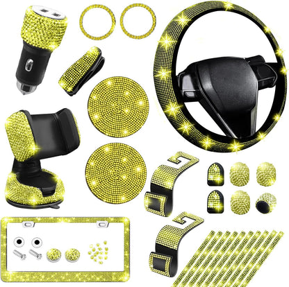 27 PCs Yellow Bling Car Accessories Set for Women, Steering Wheel Covers Universal Fit 15 Inch, Bling License Plate Frame, Bling Phone Holder, Bling Car Coasters (Yellow Diamond)