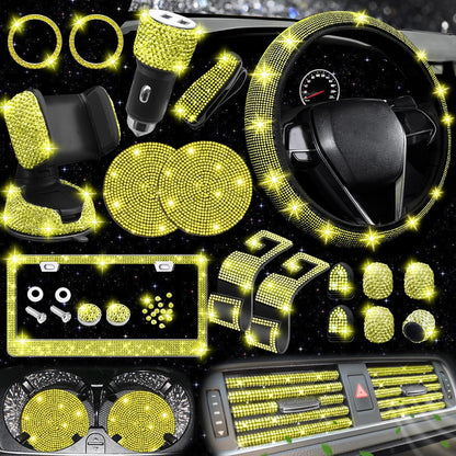 27 PCs Yellow Bling Car Accessories Set for Women, Steering Wheel Covers Universal Fit 15 Inch, Bling License Plate Frame, Bling Phone Holder, Bling Car Coasters (Yellow Diamond)