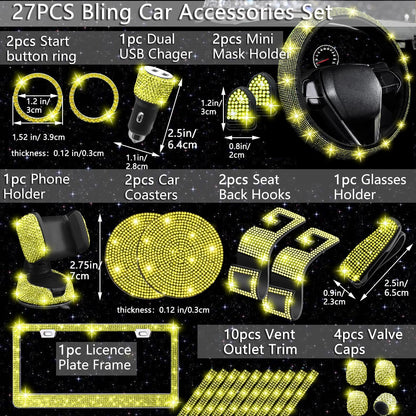 27 PCs Yellow Bling Car Accessories Set for Women, Steering Wheel Covers Universal Fit 15 Inch, Bling License Plate Frame, Bling Phone Holder, Bling Car Coasters (Yellow Diamond)