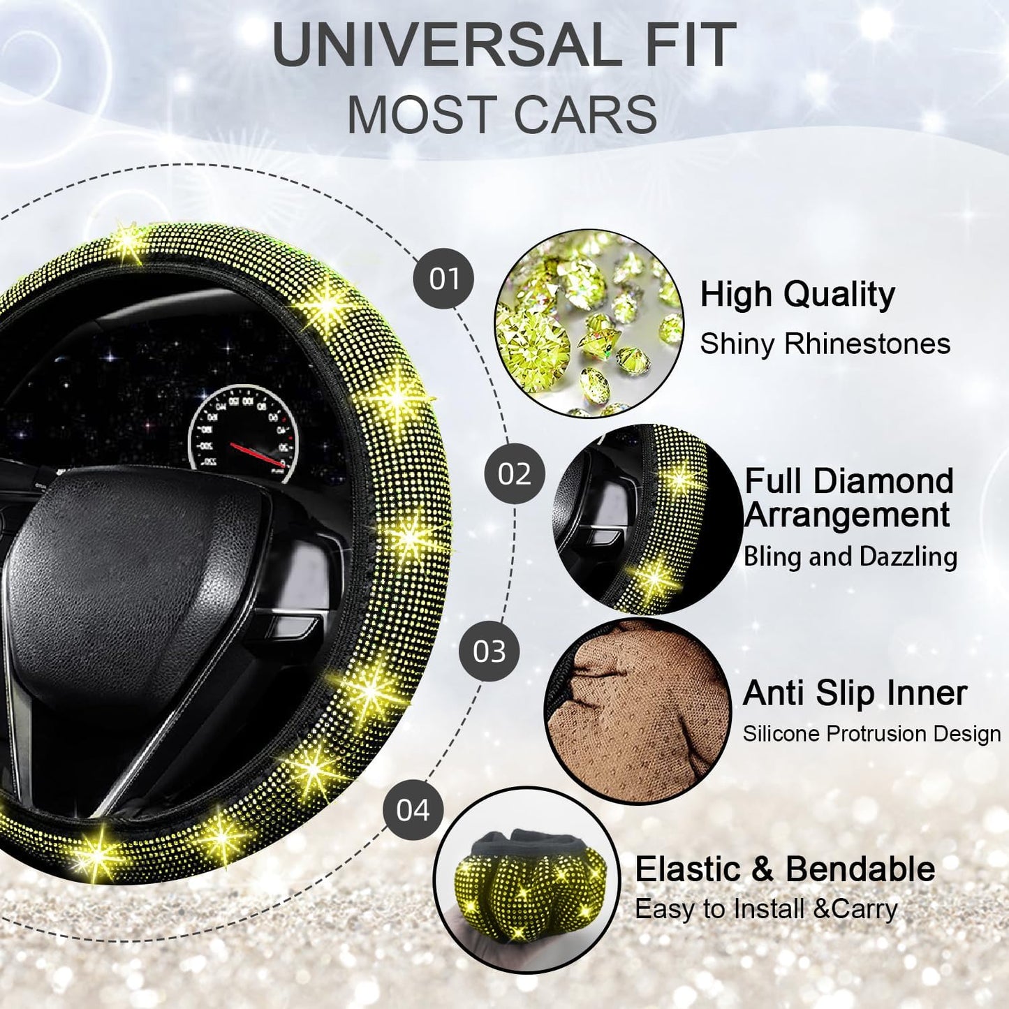 27 PCs Yellow Bling Car Accessories Set for Women, Steering Wheel Covers Universal Fit 15 Inch, Bling License Plate Frame, Bling Phone Holder, Bling Car Coasters (Yellow Diamond)