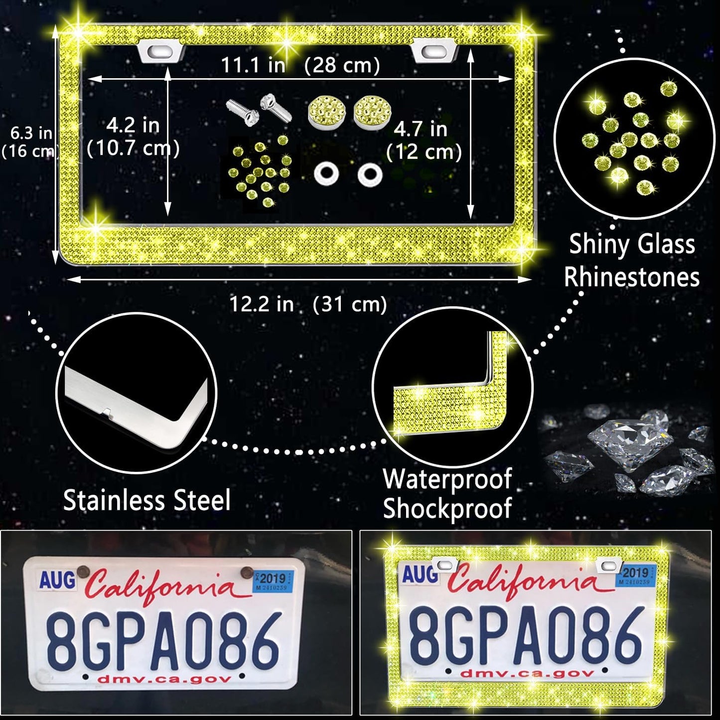27 PCs Yellow Bling Car Accessories Set for Women, Steering Wheel Covers Universal Fit 15 Inch, Bling License Plate Frame, Bling Phone Holder, Bling Car Coasters (Yellow Diamond)