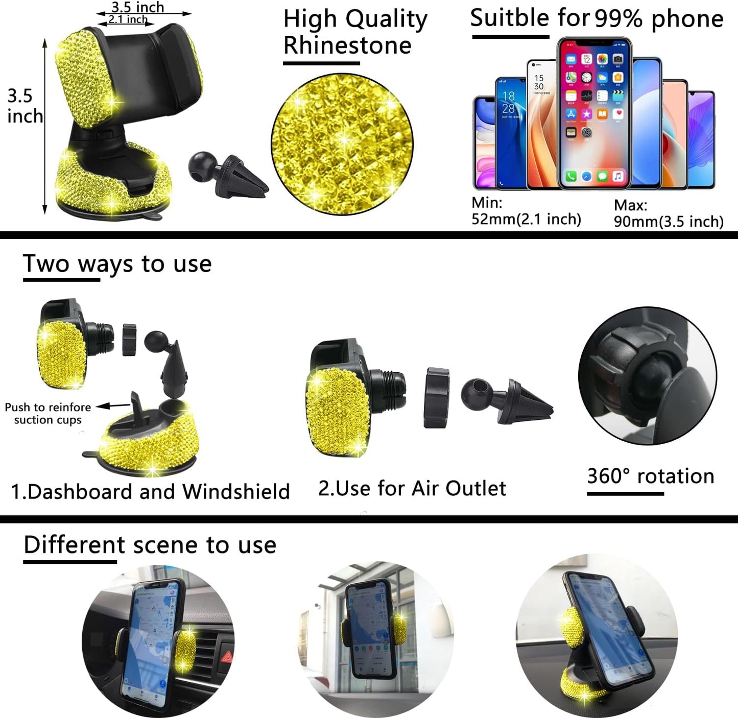 27 PCs Yellow Bling Car Accessories Set for Women, Steering Wheel Covers Universal Fit 15 Inch, Bling License Plate Frame, Bling Phone Holder, Bling Car Coasters (Yellow Diamond)