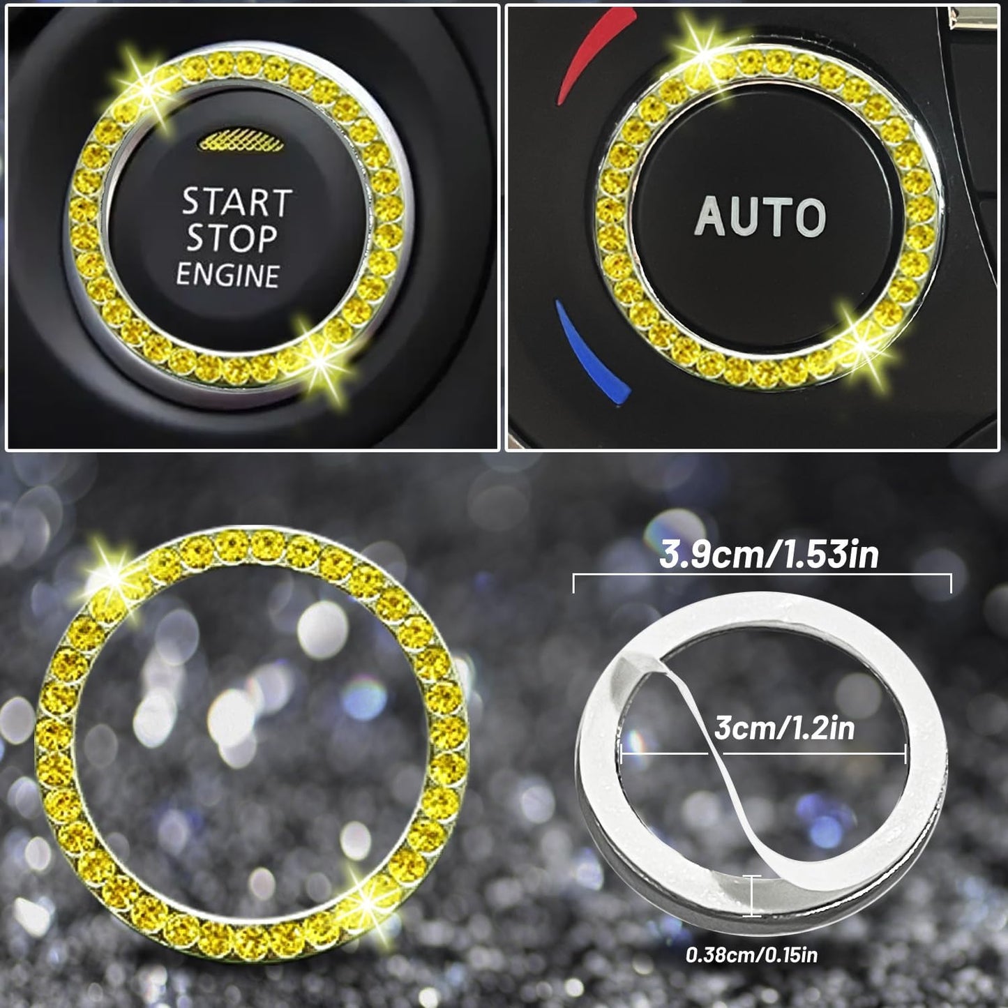 27 PCs Yellow Bling Car Accessories Set for Women, Steering Wheel Covers Universal Fit 15 Inch, Bling License Plate Frame, Bling Phone Holder, Bling Car Coasters (Yellow Diamond)