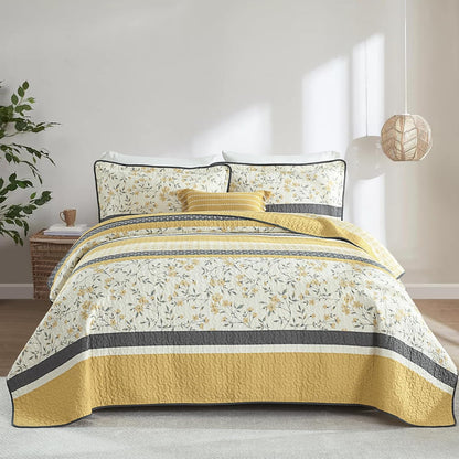 100% Cotton King Quilt - Modern Stripe King Size Quilt with 2 Pillow Shams, Bedspread Reversible Lightweight Comforter Bedding Set for All Seasons, Yellow(Gold)/Gray/White