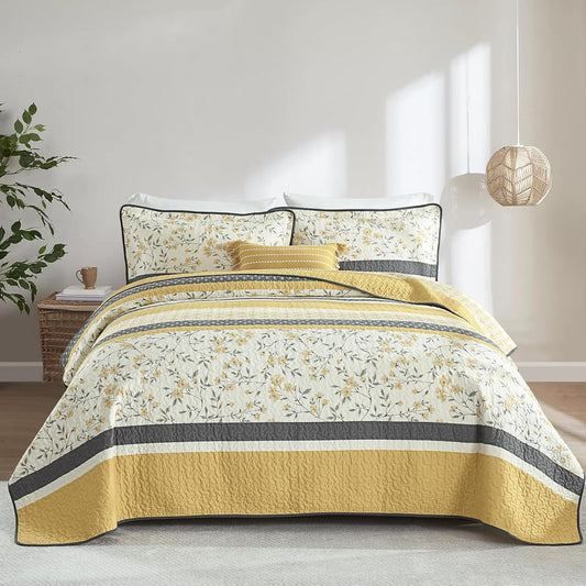 100% Cotton King Quilt - Modern Stripe King Size Quilt with 2 Pillow Shams, Bedspread Reversible Lightweight Comforter Bedding Set for All Seasons, Yellow(Gold)/Gray/White