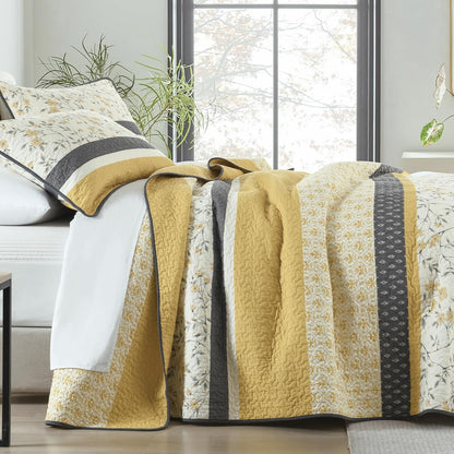 100% Cotton King Quilt - Modern Stripe King Size Quilt with 2 Pillow Shams, Bedspread Reversible Lightweight Comforter Bedding Set for All Seasons, Yellow(Gold)/Gray/White