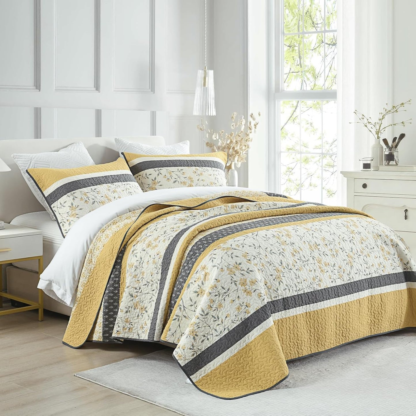 100% Cotton King Quilt - Modern Stripe King Size Quilt with 2 Pillow Shams, Bedspread Reversible Lightweight Comforter Bedding Set for All Seasons, Yellow(Gold)/Gray/White