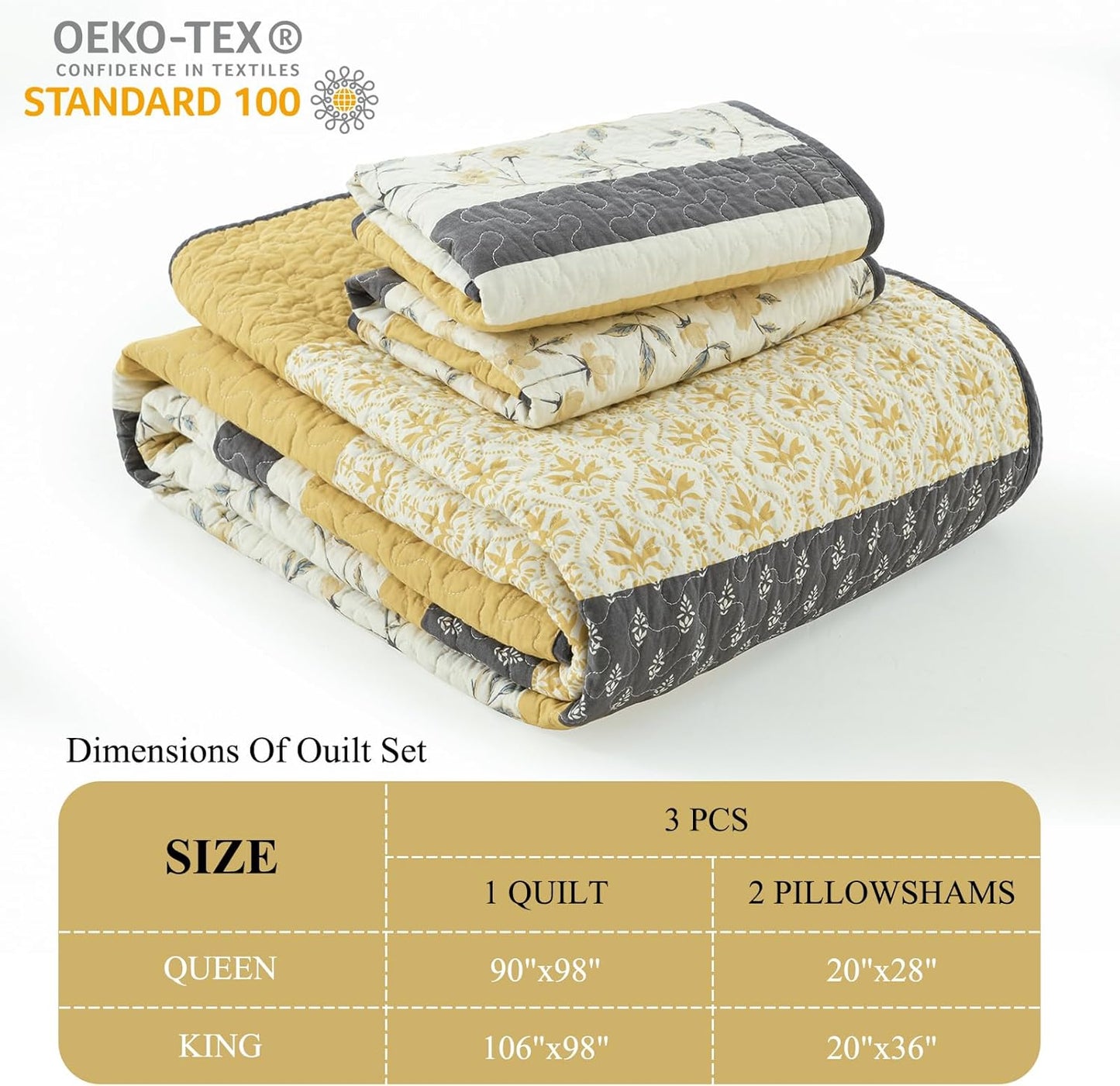 100% Cotton King Quilt - Modern Stripe King Size Quilt with 2 Pillow Shams, Bedspread Reversible Lightweight Comforter Bedding Set for All Seasons, Yellow(Gold)/Gray/White