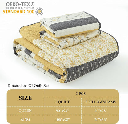 100% Cotton King Quilt - Modern Stripe King Size Quilt with 2 Pillow Shams, Bedspread Reversible Lightweight Comforter Bedding Set for All Seasons, Yellow(Gold)/Gray/White