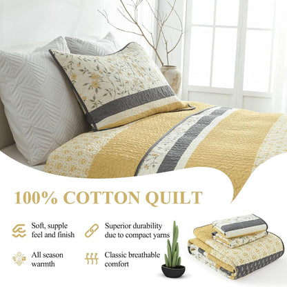 100% Cotton King Quilt - Modern Stripe King Size Quilt with 2 Pillow Shams, Bedspread Reversible Lightweight Comforter Bedding Set for All Seasons, Yellow(Gold)/Gray/White
