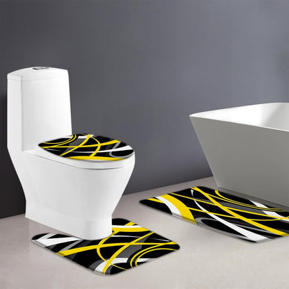 3 Piece Modern Geometric Bath Mat Set Yellow Black Gray White Abstract Boho Geometric Striped Mid Century Vintage Farmhouse 24x70 Inches Bathroom Rugs,Toilet Seat Cover,U-Shaped Floor Rug
