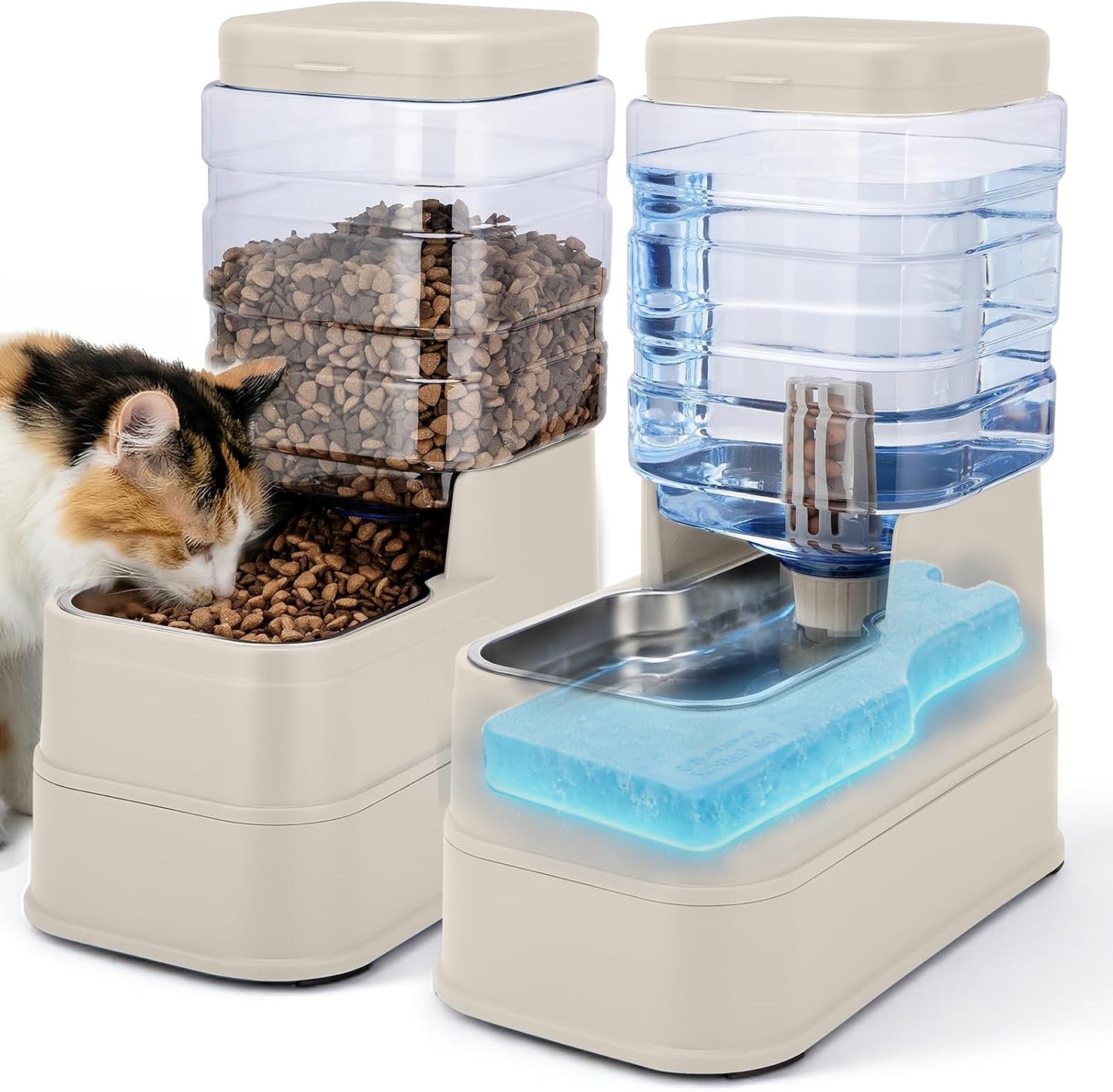 2 Pack Automatic Cat Feeder and Water Dispenser 1.3Gallon Dog Gravity Food Feeder and Water with Ice Pack Stainless Steel Dry Food and Waterer Bowl for Small Medium Large Pets (Cream)