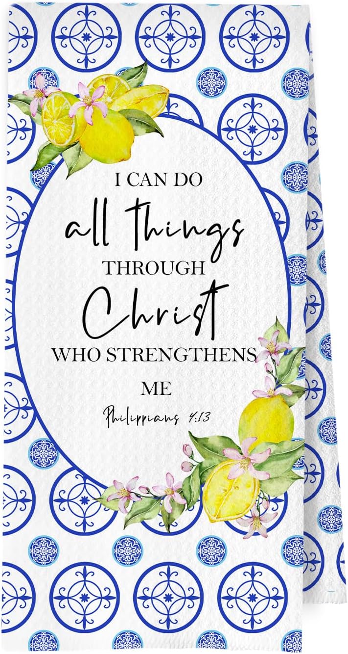 Italian Lemon Christian Kitchen Towels - I Can Do All Things Through Christ Decorative Waffle Dish Towels, Mediterranean Bible Verse Home Hand Tea Towel, 16x24 Inch
