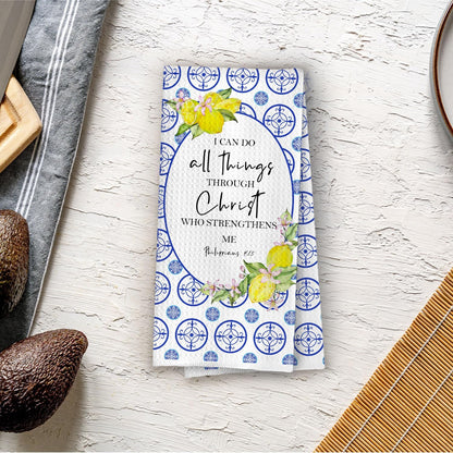 Italian Lemon Christian Kitchen Towels - I Can Do All Things Through Christ Decorative Waffle Dish Towels, Mediterranean Bible Verse Home Hand Tea Towel, 16x24 Inch