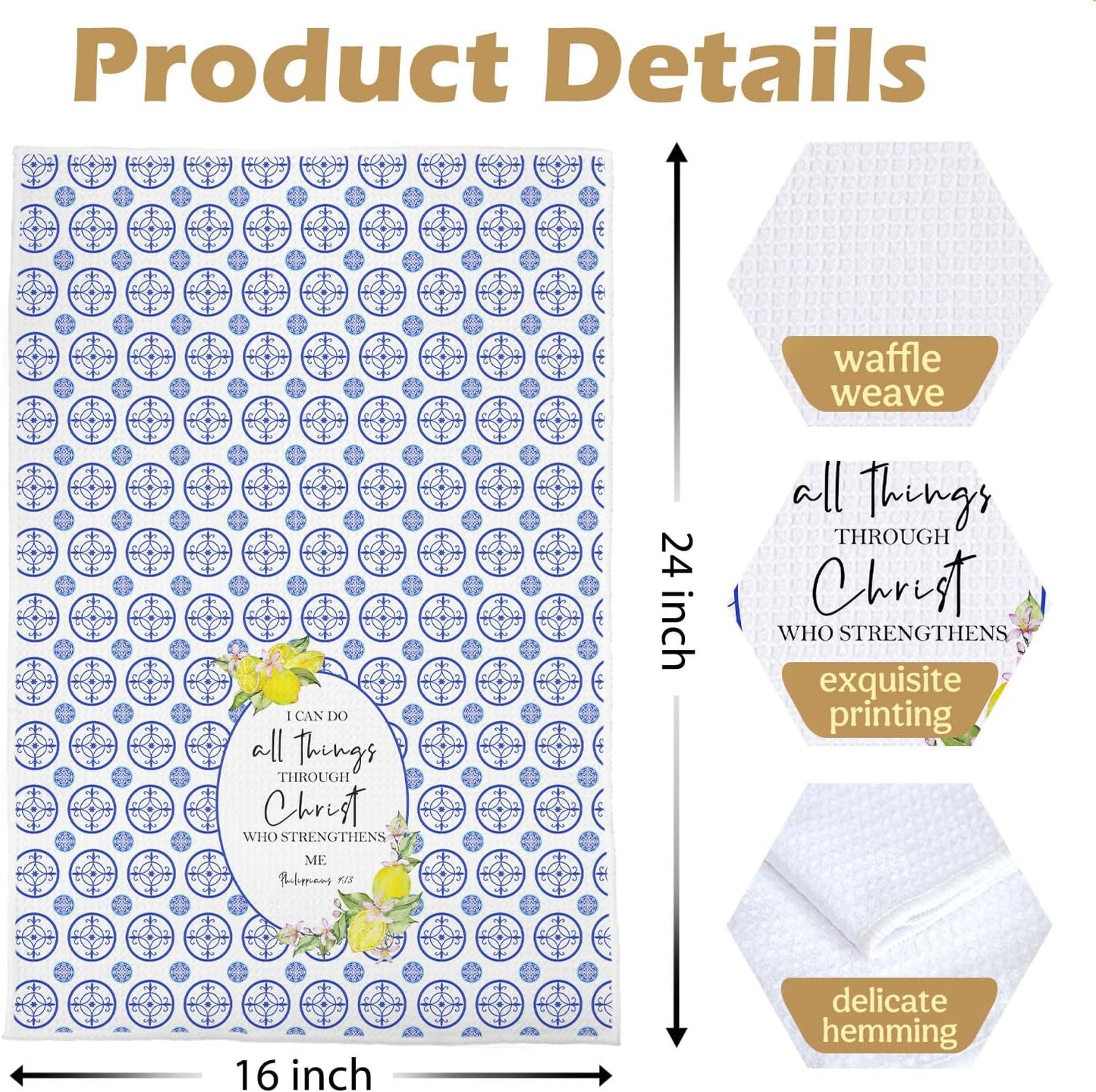 Italian Lemon Christian Kitchen Towels - I Can Do All Things Through Christ Decorative Waffle Dish Towels, Mediterranean Bible Verse Home Hand Tea Towel, 16x24 Inch