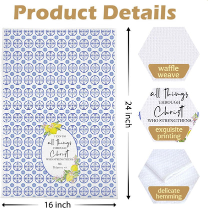 Italian Lemon Christian Kitchen Towels - I Can Do All Things Through Christ Decorative Waffle Dish Towels, Mediterranean Bible Verse Home Hand Tea Towel, 16x24 Inch