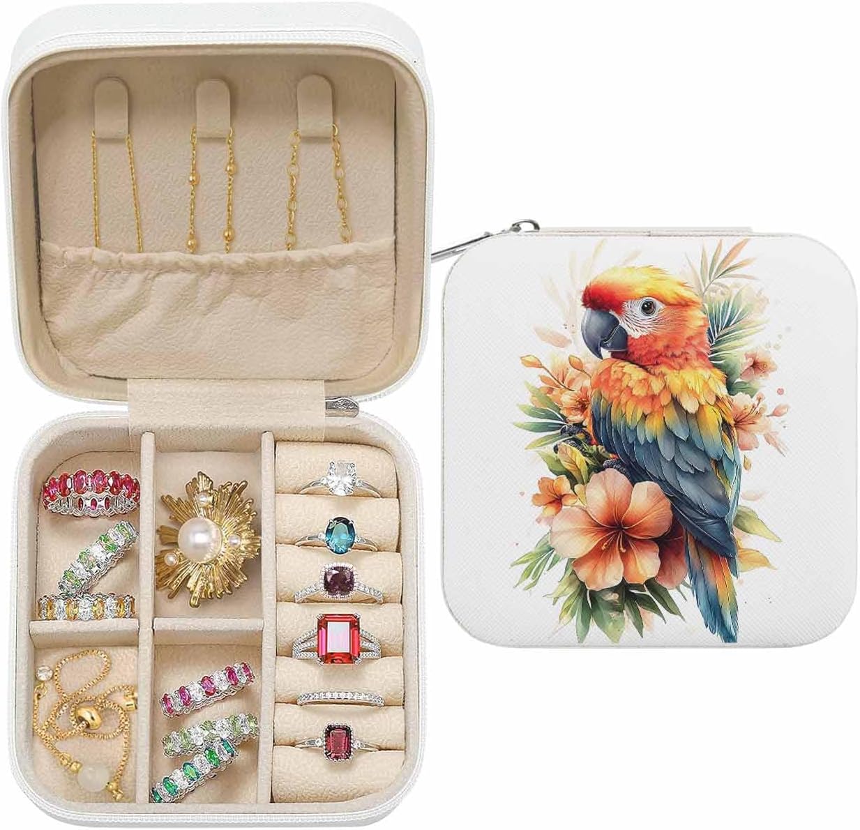 Parrot Jewelry Box Travel Jewelry Organizer Case with Velvet Spring Floral Botanical Blossom Motif Portable Leather Ring Gift Box Cases for Women Mom Necklace 3.9" x 3.9" x 2"