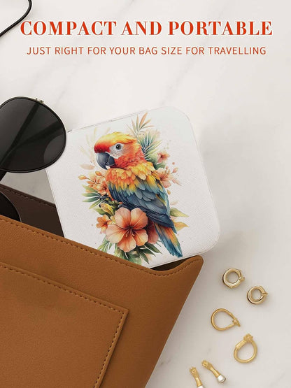 Parrot Jewelry Box Travel Jewelry Organizer Case with Velvet Spring Floral Botanical Blossom Motif Portable Leather Ring Gift Box Cases for Women Mom Necklace 3.9" x 3.9" x 2"