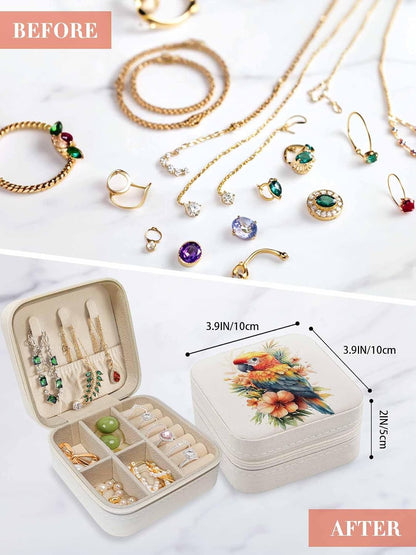 Parrot Jewelry Box Travel Jewelry Organizer Case with Velvet Spring Floral Botanical Blossom Motif Portable Leather Ring Gift Box Cases for Women Mom Necklace 3.9" x 3.9" x 2"