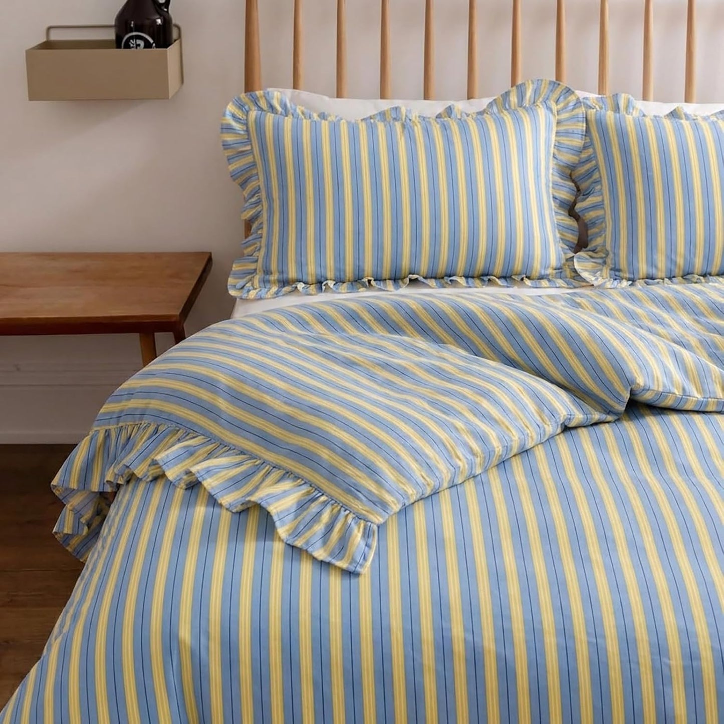 Blue and Yellow Striped Duvet Cover Set Queen – 100% Cotton, Ruffle Trim Bedding Set, Soft Lightweight Breathable, Ribbon Stripe, 3 Pieces Set