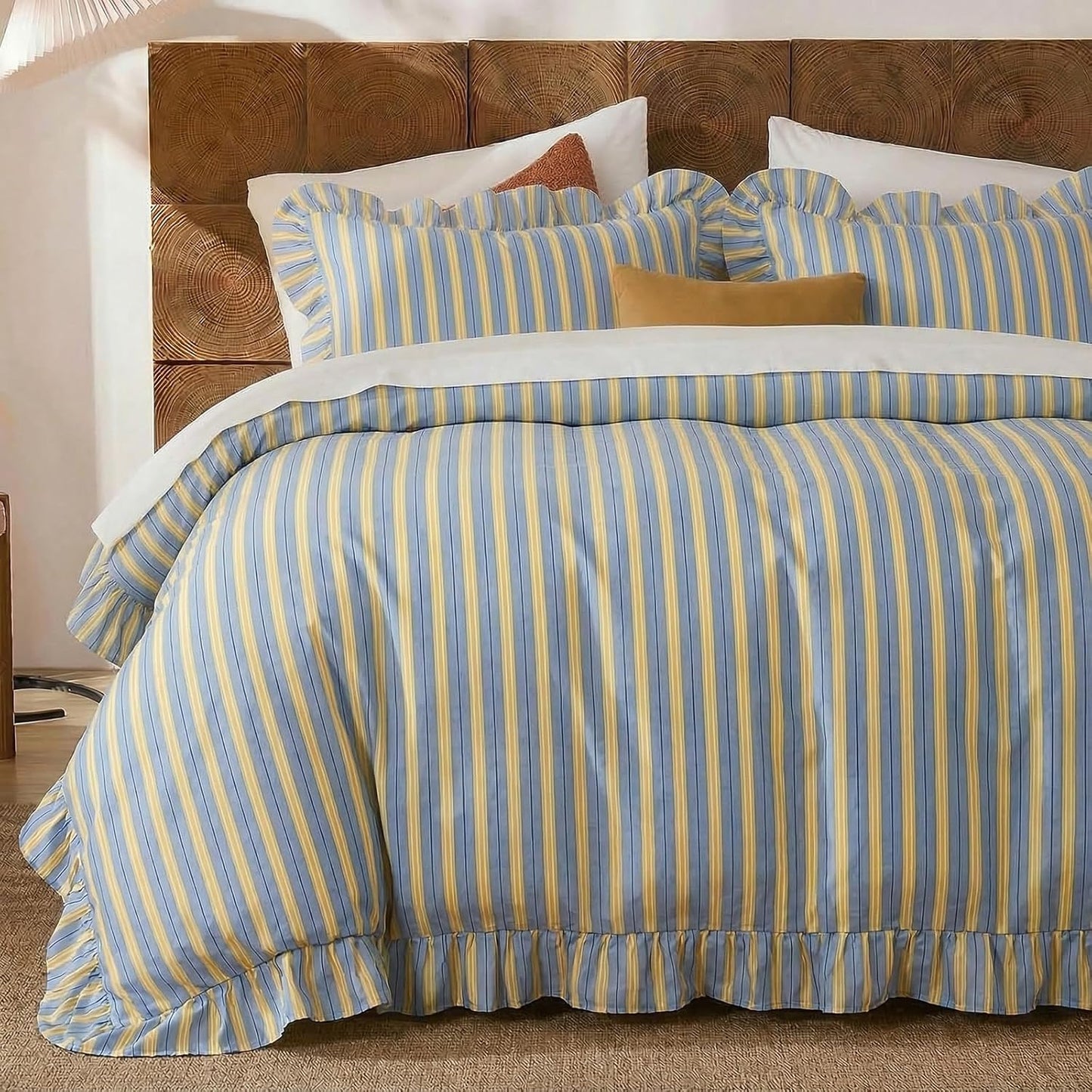 Blue and Yellow Striped Duvet Cover Set Queen – 100% Cotton, Ruffle Trim Bedding Set, Soft Lightweight Breathable, Ribbon Stripe, 3 Pieces Set
