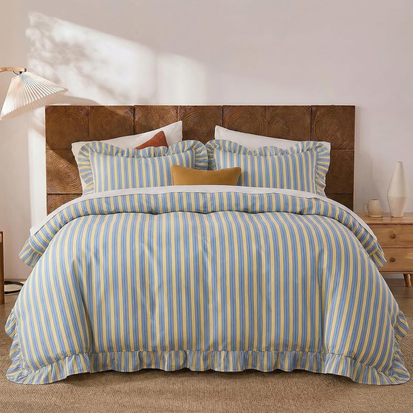 Blue and Yellow Striped Duvet Cover Set Queen – 100% Cotton, Ruffle Trim Bedding Set, Soft Lightweight Breathable, Ribbon Stripe, 3 Pieces Set