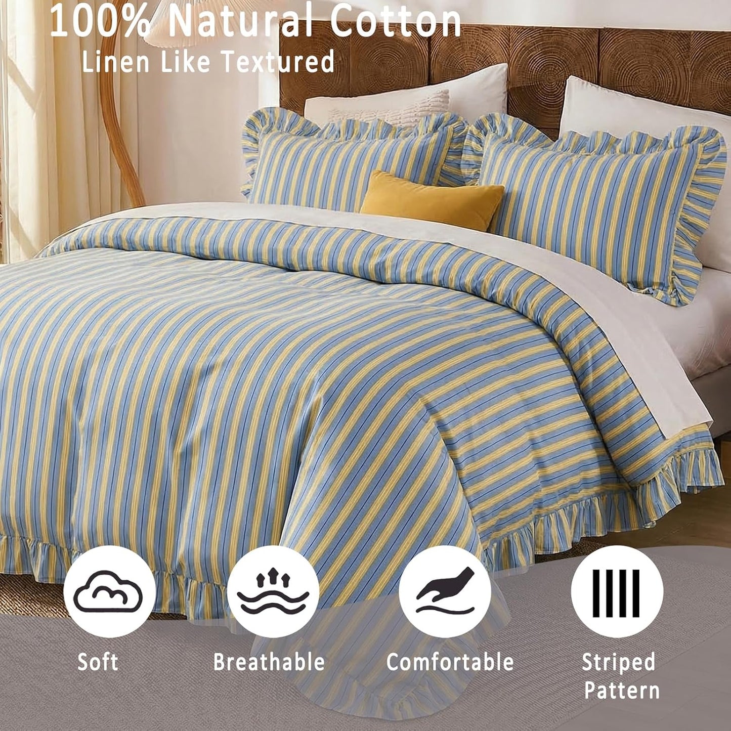 Blue and Yellow Striped Duvet Cover Set Queen – 100% Cotton, Ruffle Trim Bedding Set, Soft Lightweight Breathable, Ribbon Stripe, 3 Pieces Set
