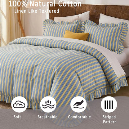 Blue and Yellow Striped Duvet Cover Set Queen – 100% Cotton, Ruffle Trim Bedding Set, Soft Lightweight Breathable, Ribbon Stripe, 3 Pieces Set