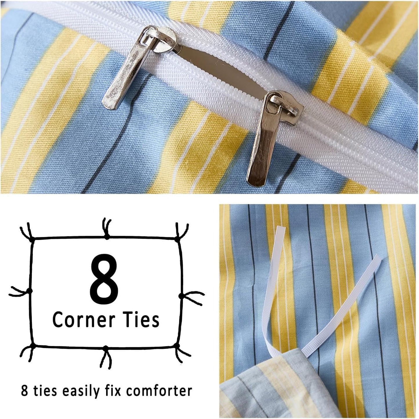 Blue and Yellow Striped Duvet Cover Set Queen – 100% Cotton, Ruffle Trim Bedding Set, Soft Lightweight Breathable, Ribbon Stripe, 3 Pieces Set