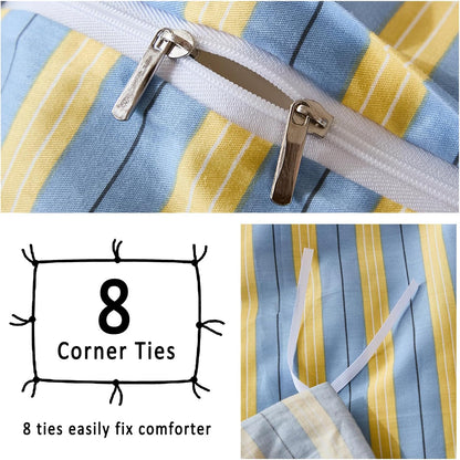 Blue and Yellow Striped Duvet Cover Set Queen – 100% Cotton, Ruffle Trim Bedding Set, Soft Lightweight Breathable, Ribbon Stripe, 3 Pieces Set