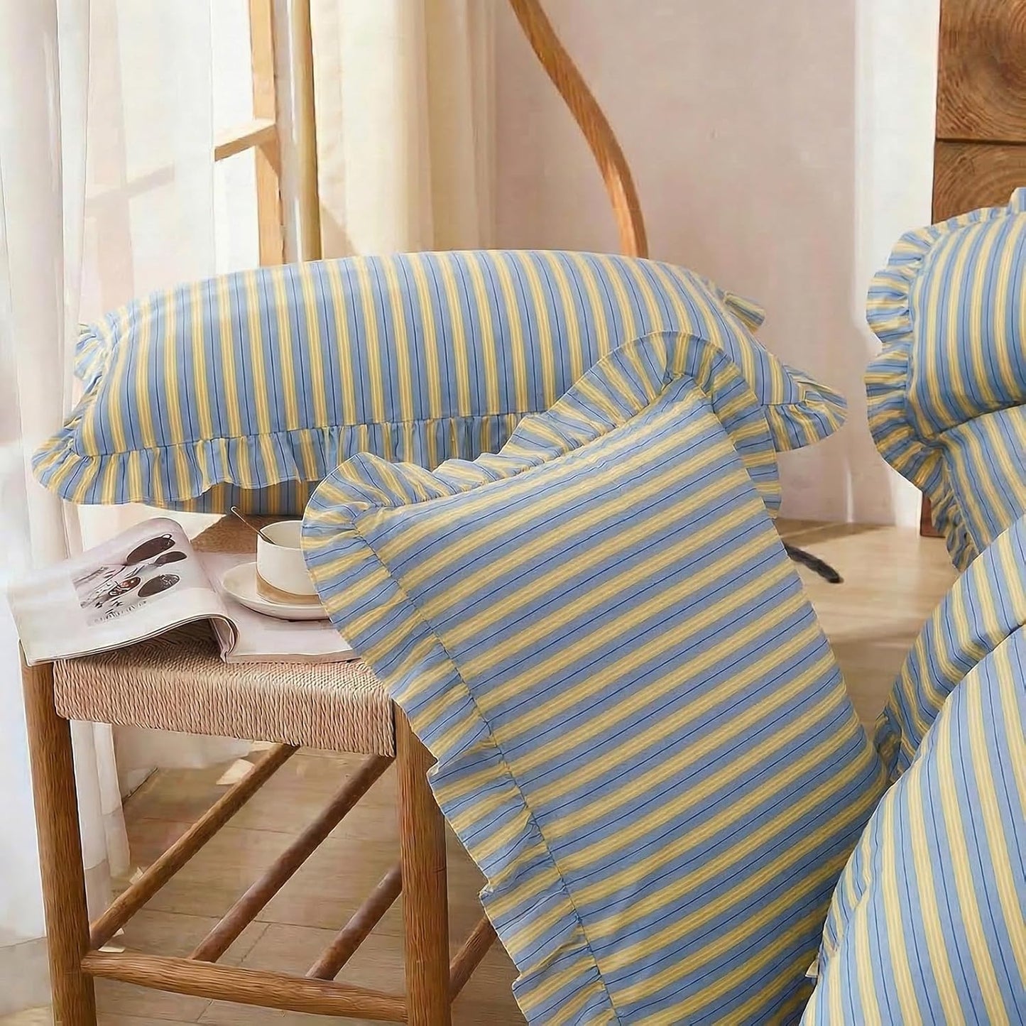 Blue and Yellow Striped Duvet Cover Set Queen – 100% Cotton, Ruffle Trim Bedding Set, Soft Lightweight Breathable, Ribbon Stripe, 3 Pieces Set