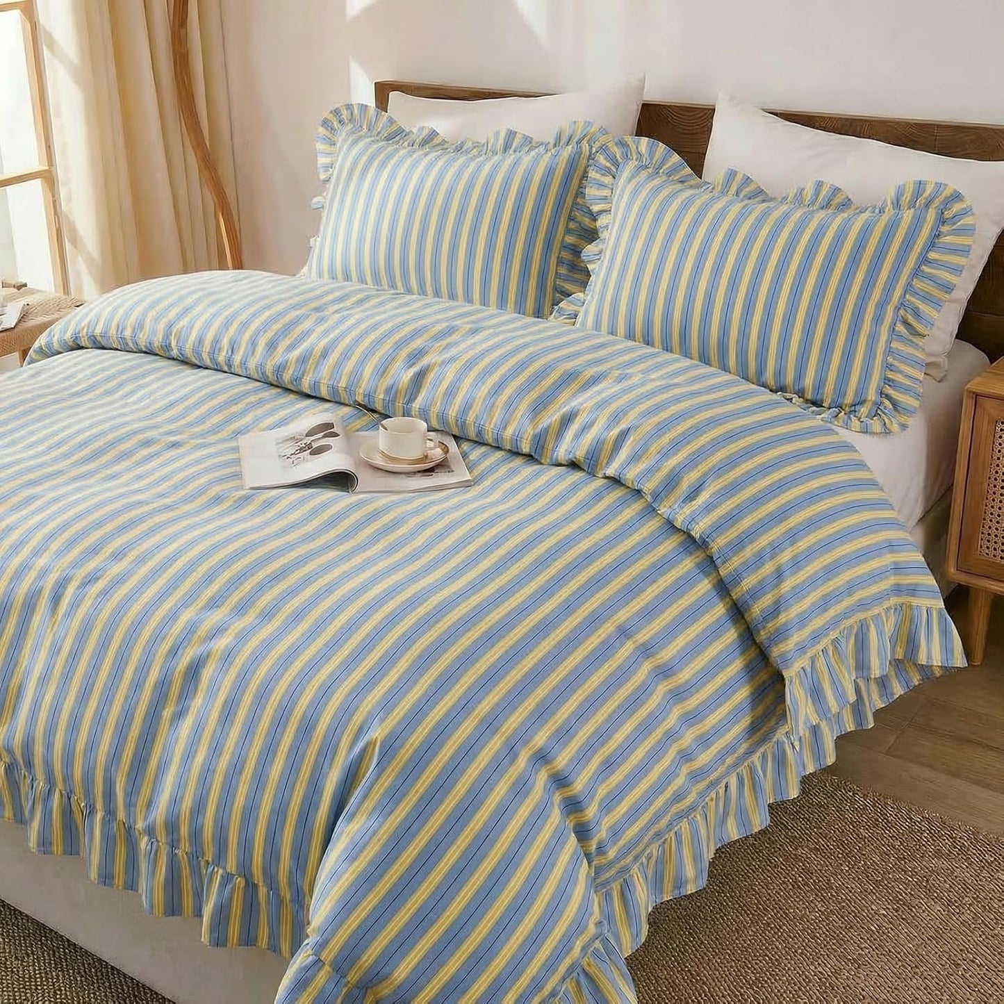 Blue and Yellow Striped Duvet Cover Set Queen – 100% Cotton, Ruffle Trim Bedding Set, Soft Lightweight Breathable, Ribbon Stripe, 3 Pieces Set