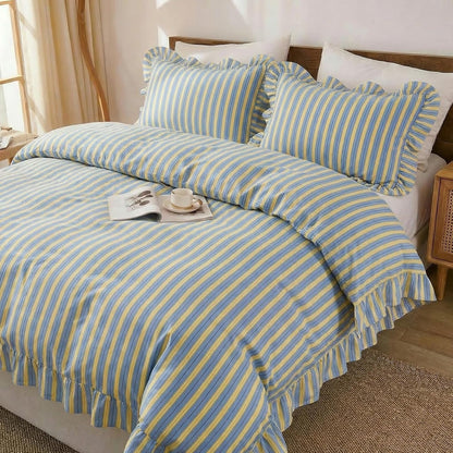 Blue and Yellow Striped Duvet Cover Set Queen – 100% Cotton, Ruffle Trim Bedding Set, Soft Lightweight Breathable, Ribbon Stripe, 3 Pieces Set