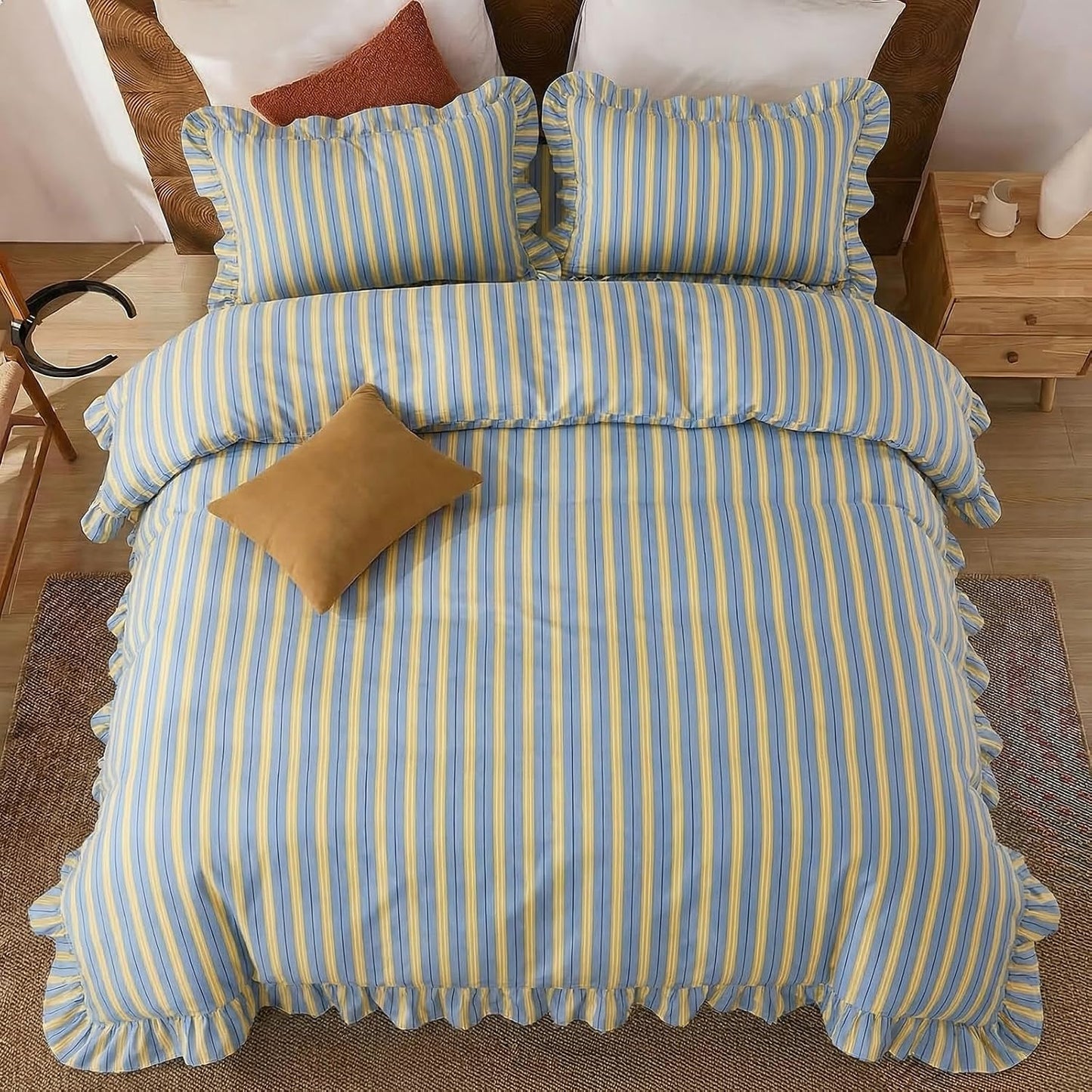 Blue and Yellow Striped Duvet Cover Set Queen – 100% Cotton, Ruffle Trim Bedding Set, Soft Lightweight Breathable, Ribbon Stripe, 3 Pieces Set