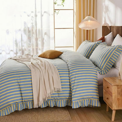 Blue and Yellow Striped Duvet Cover Set Queen – 100% Cotton, Ruffle Trim Bedding Set, Soft Lightweight Breathable, Ribbon Stripe, 3 Pieces Set