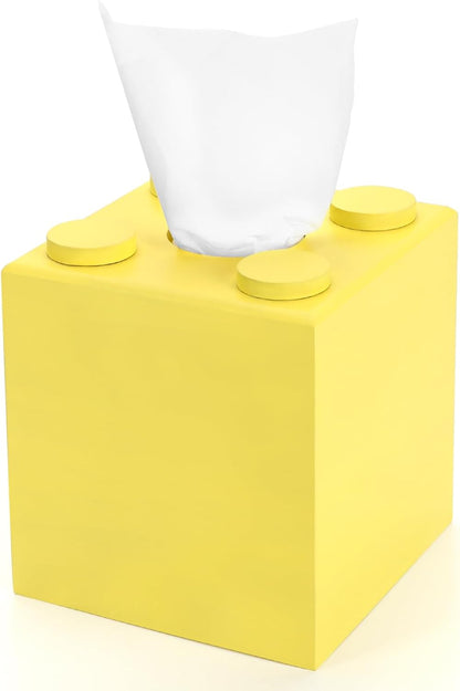 Wood Tissue Box Cover, Tissue Box Cover Square, Building Blocks Tissue Box Holder with Slide-Out Bottom, Cute Home Decor for Bathroom Living Room Office Kitchen (Yellow, Small)