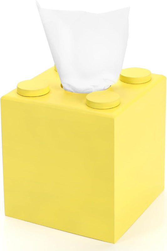 Wood Tissue Box Cover, Tissue Box Cover Square, Building Blocks Tissue Box Holder with Slide-Out Bottom, Cute Home Decor for Bathroom Living Room Office Kitchen (Yellow, Small)
