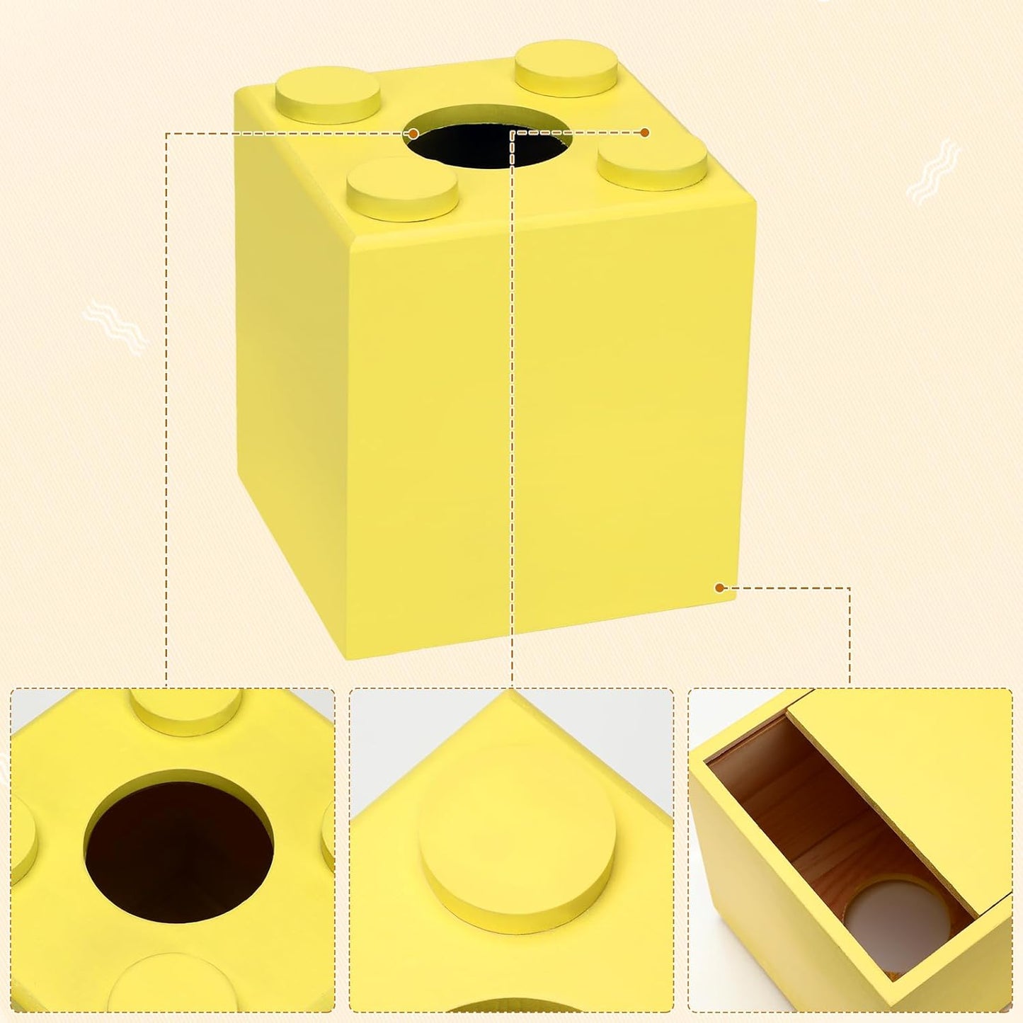 Wood Tissue Box Cover, Tissue Box Cover Square, Building Blocks Tissue Box Holder with Slide-Out Bottom, Cute Home Decor for Bathroom Living Room Office Kitchen (Yellow, Small)