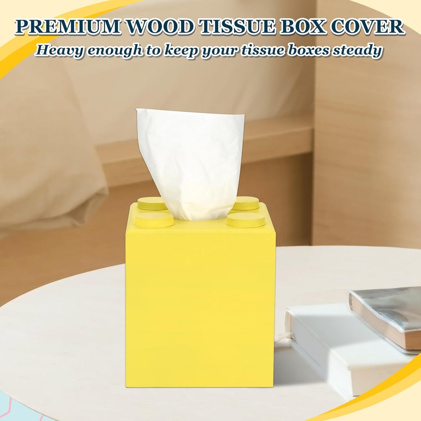 Wood Tissue Box Cover, Tissue Box Cover Square, Building Blocks Tissue Box Holder with Slide-Out Bottom, Cute Home Decor for Bathroom Living Room Office Kitchen (Yellow, Small)