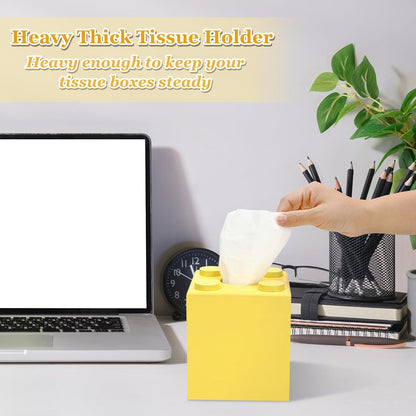Wood Tissue Box Cover, Tissue Box Cover Square, Building Blocks Tissue Box Holder with Slide-Out Bottom, Cute Home Decor for Bathroom Living Room Office Kitchen (Yellow, Small)