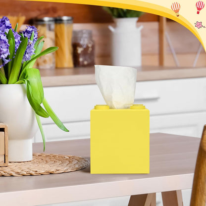 Wood Tissue Box Cover, Tissue Box Cover Square, Building Blocks Tissue Box Holder with Slide-Out Bottom, Cute Home Decor for Bathroom Living Room Office Kitchen (Yellow, Small)