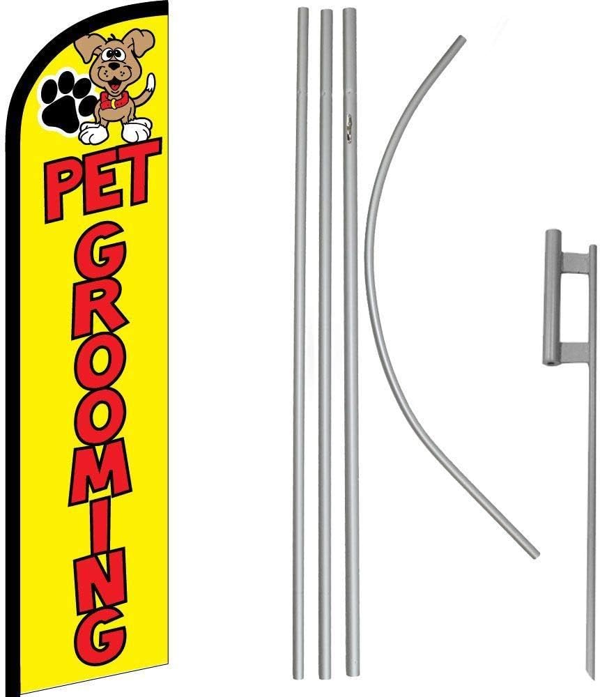 Pet Grooming Yellow/Red Windless Banner Flag & 16' Flagpole Kit/Ground