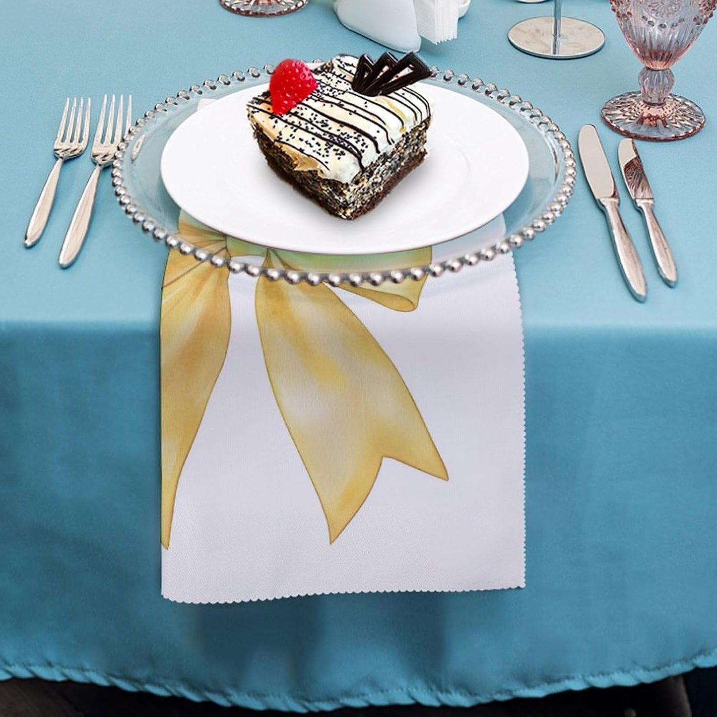 Watercolor Soft Yellow Bow Cloth Napkins Set of 6, Square Premium Reusable Washable Polyester Table Linen Napkin for Dinner Party