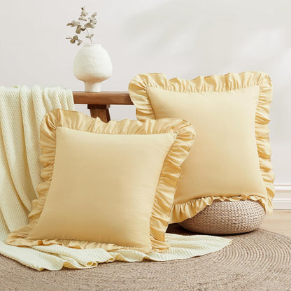 Ruffle Euro Pillow Covers, Yellow, 26x26 Inches, 2 Pack | Square Pillow Cases, Microfiber, Decorative Euro Sham Covers, For Sofa Couch Bedroom Living Room