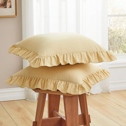 Ruffle Euro Pillow Covers, Yellow, 26x26 Inches, 2 Pack | Square Pillow Cases, Microfiber, Decorative Euro Sham Covers, For Sofa Couch Bedroom Living Room