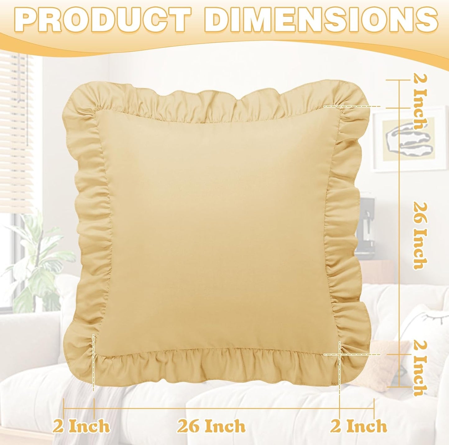 Ruffle Euro Pillow Covers, Yellow, 26x26 Inches, 2 Pack | Square Pillow Cases, Microfiber, Decorative Euro Sham Covers, For Sofa Couch Bedroom Living Room