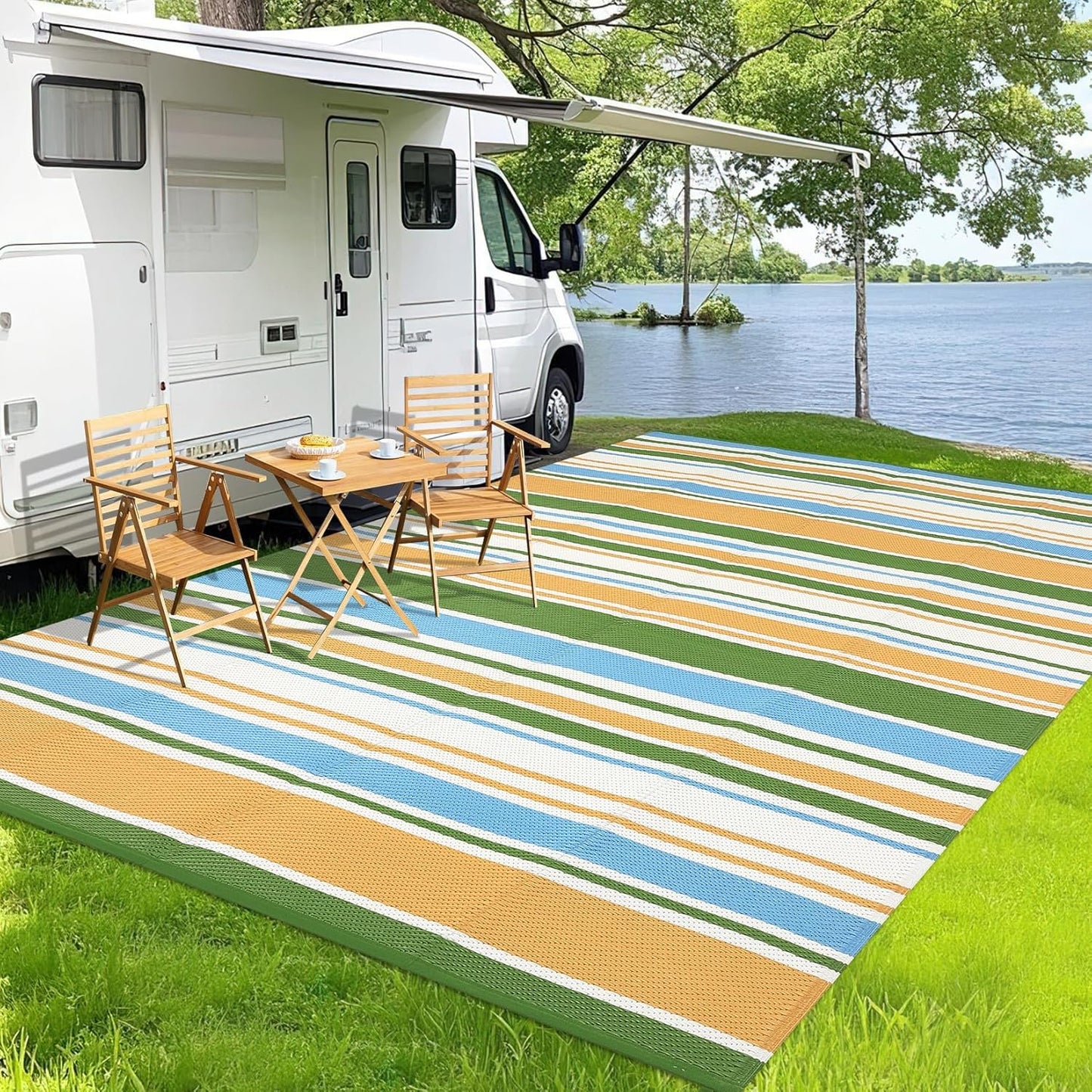 Waterproof Outdoor Rug 8x10, Modern Line Reversible Plastic Straw Patio Camping Rugs, Outdoor Indoor RV Mat Carpet for, Outside Entry, Backyard, Deck, Bench, Picnic, Camper，Yellow/Multi