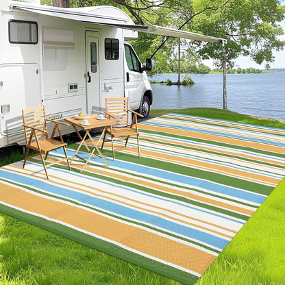 Waterproof Outdoor Rug 8x10, Modern Line Reversible Plastic Straw Patio Camping Rugs, Outdoor Indoor RV Mat Carpet for, Outside Entry, Backyard, Deck, Bench, Picnic, Camper，Yellow/Multi